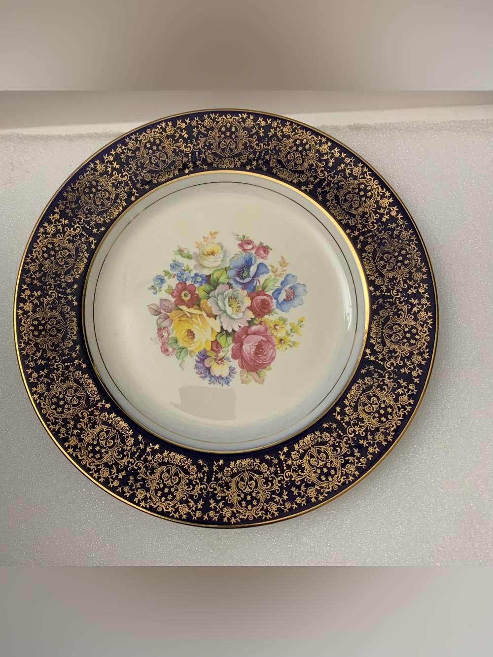 Homer Laughlin Porcelain Plate with Navy and Gold Floral Center